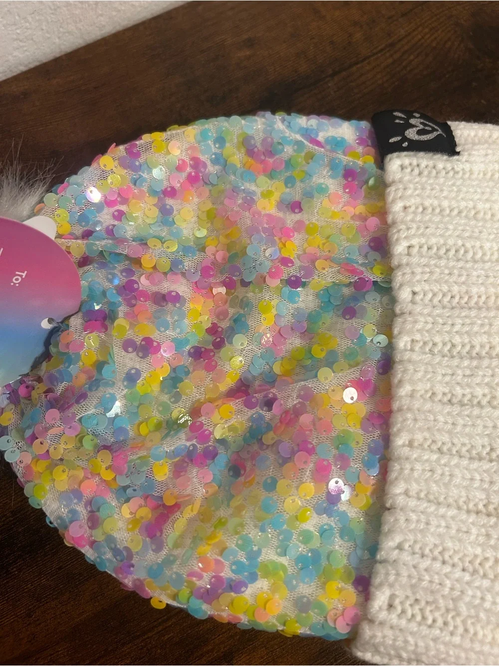 Justice Girls Multi Sequin Beanie and Glove Set Ivory Multi Faux Fur Pom Pom